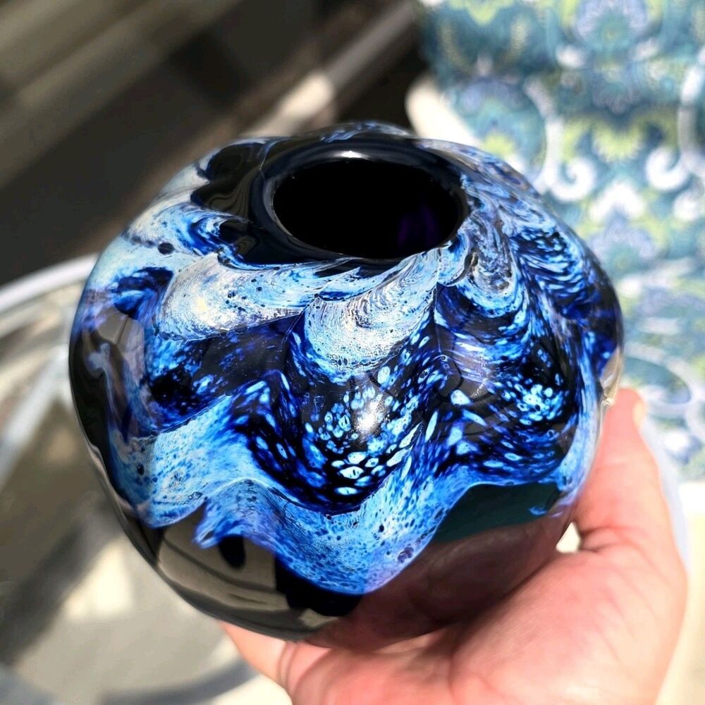 1991 Studio Art Black Glass Acorn Orb Vase Iridescent Luster Waves Signed